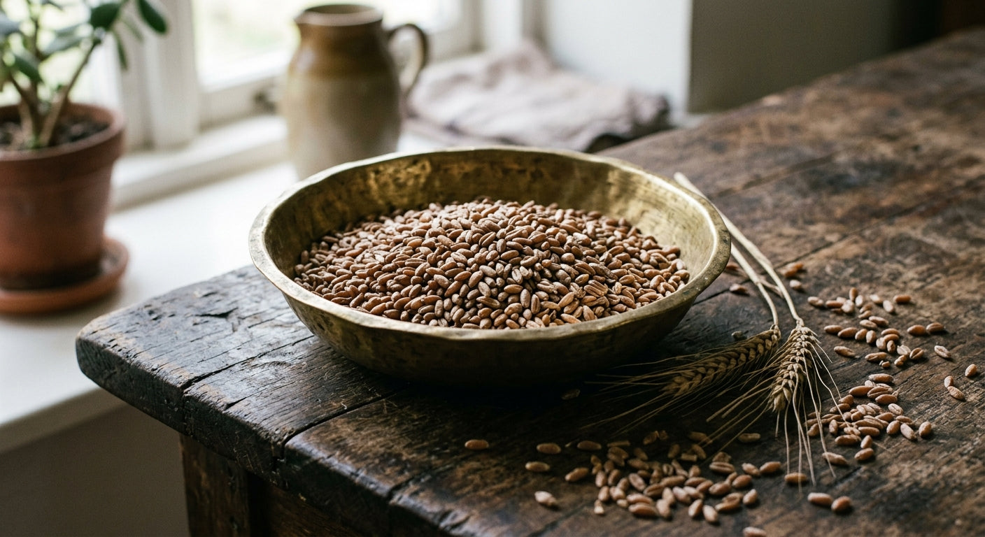 Whole khapli emmer wheat grains in a brass bowl with a dried wheat ear